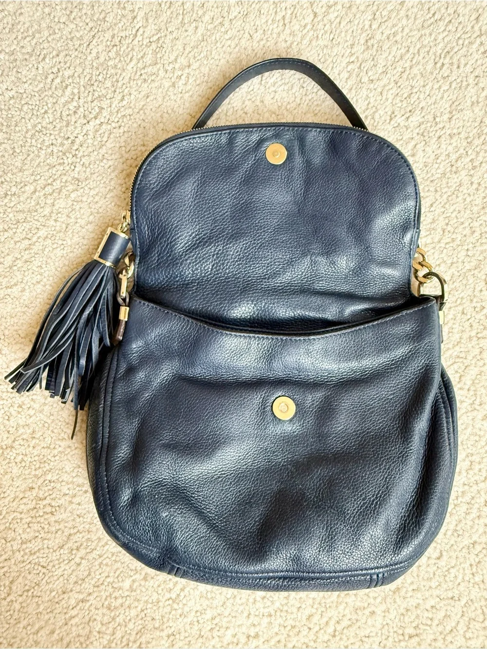 Michael Kors Blue Bedford Tassel Pebbled Leather Shoulder Bag Navy